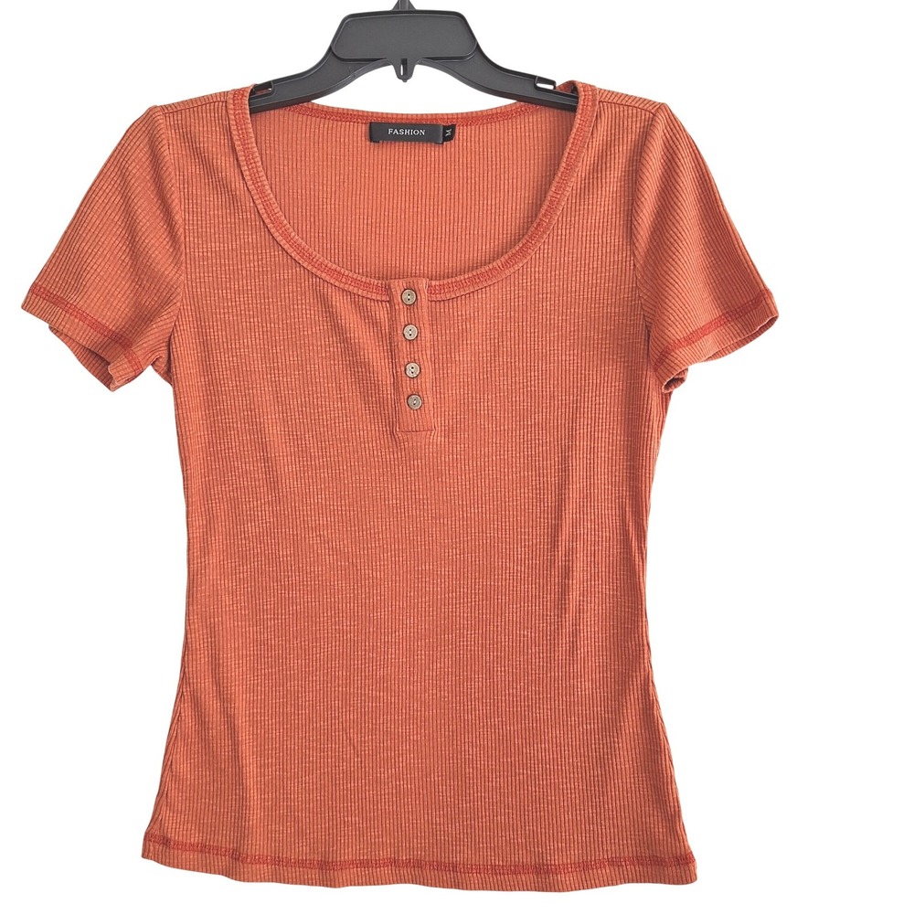 Fashion Womens Burnt Orange Ribbed Henley Short Sleeve Top Size Medium Rust
